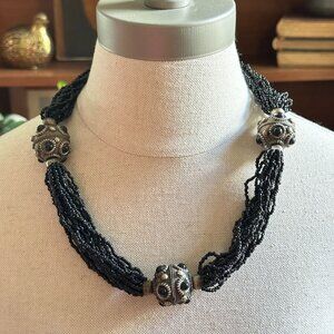 Black Multistrand Beaded Necklace, Large Metal Beads, Tribal Statement Jewelry,